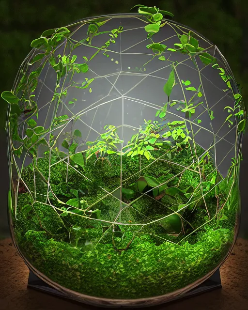 Prompt: graphic of terrarium, vines wrap around the terrarium, unreal engine 5, blender, depth of field, ultra realistic, cinematic, macro, artstation, megascan, intricate, epic, Quixel, weta digital, focus, octane render, v-ray, digital art, highly detailed illustration, golden ratio, prism undertones, rule of thirds