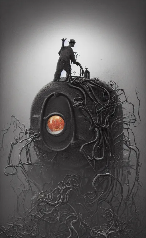 Image similar to thomas the tank engine in style of zdzisław beksinski, extremely dramatic lighting, 8 k, tendrils, black, darkness, black slime tendrils, infected, rust, body horror, thomas the train, thomas the tank engine face, horror,