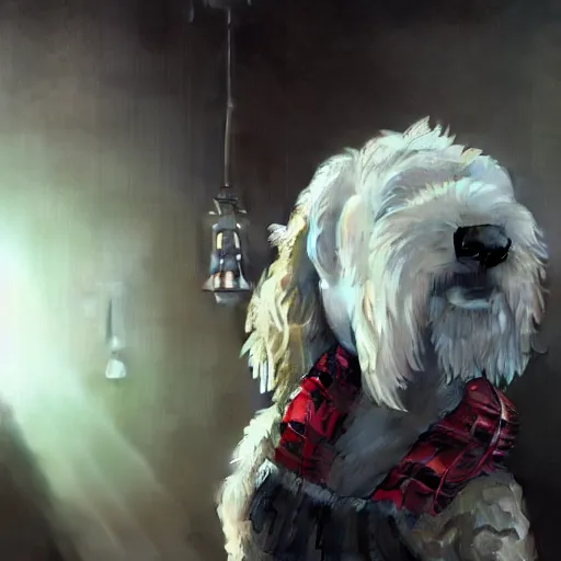 Prompt: a white cockapoo wearing tartan in a nightclub, anatomy, bathed in light, highly detailed, photorealistic, artstation, smooth, sharp focus, illustration, unreal engine 5, 8 k, art by artgerm and greg rutkowski and edgar maxence