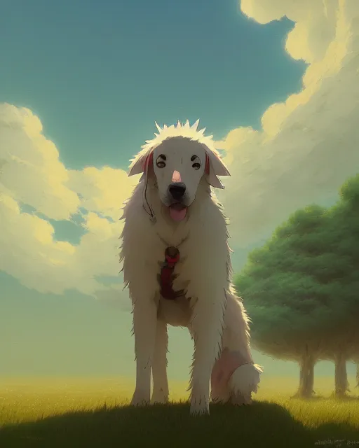 Prompt: amime style maremma dog, studio ghibli, spirited away, greg rutkowski, simon stalenhag, thomas kinkade, sharp focus, masterpiece, deviantart