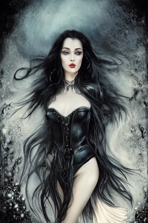 Image similar to a beautiful woman with long black hair, blue eyes, fantasy, intricate, elegant, dramatic lighting, gorgeous face, black leather jacket, highly detailed, lifelike, photorealistic, digital painting, artstation, illustration, concept art, smooth, sharp focus, art by John Collier and Albert Aublet and Krenz Cushart and Artem Demura and Alphonse Mucha