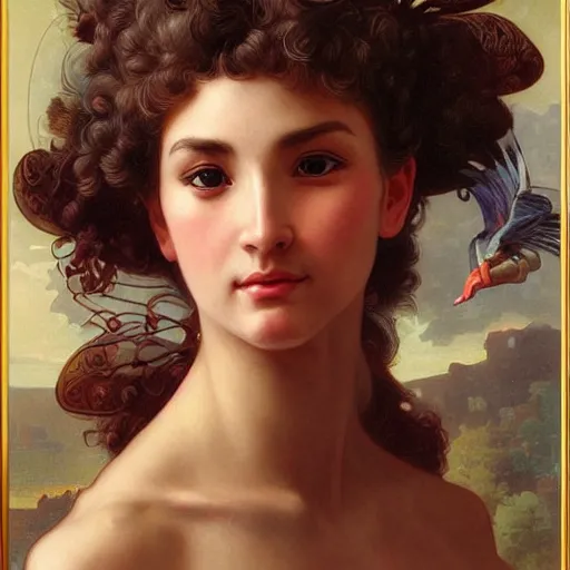 Image similar to a vintage portrait painting of a fantasy explorer lady, highly detailed, art by tristan eaton and artgerm and william - adolphe bouguereau