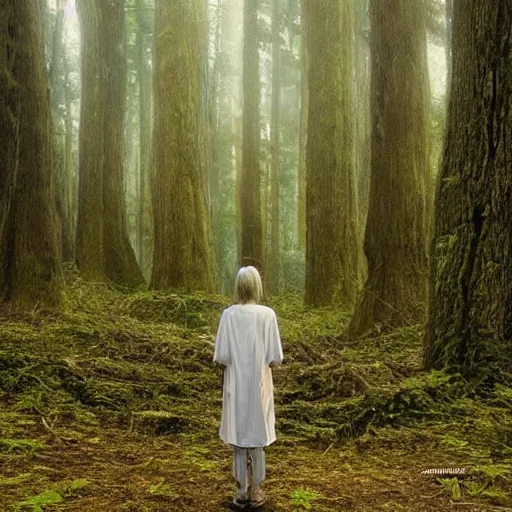 Image similar to stranger in futuristic spiritual mystical post apocalyptic forest, studio ghibli, beautiful, crisp