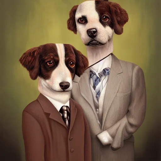 Prompt: owners who look like their dogs, digital painting by mark ryden