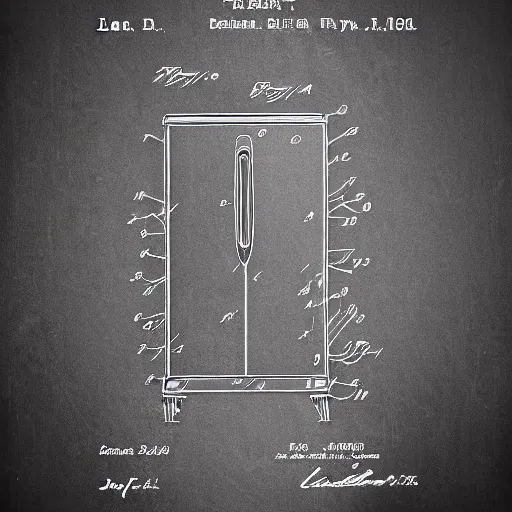 Prompt: draw einsteins fridge patent, patent style
