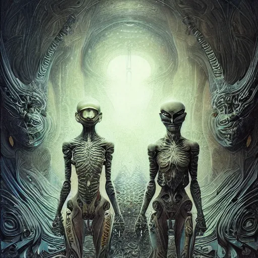 Prompt: ultra realist intricate detailed painting of an attractive alien female and alien male, full body, curvy, black scales and cyborg tech, very intricate details, focus, artstyle Beksiński and Hiraku Tanaka and Tom Bagshaw, award winning