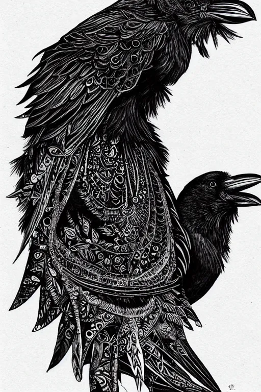 Image similar to mystical raven, black ink on paper, trending on artstation, beautiful, intricate, detailed
