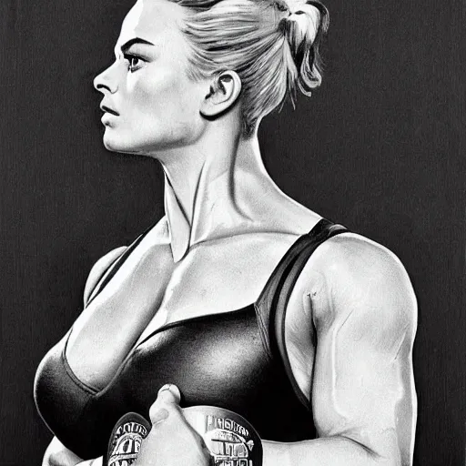 Image similar to socialist realism propaganda poster of margot robbie as beautiful female weightlifter from overwatch, portrait, profile picture, socialist realism, highly detailed, intricate, digital painting, artstation, sharp focus, illustration, art by jakub rozalski, greg rutkowski, artgerm, tan zi and ayanamikodon and alphonse mucha and wlop