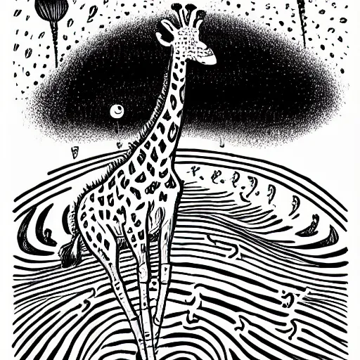 Image similar to black and white trippy comic art of a giraffe being abducted by ufo, lots of particles, drawn by Martin Rowson, Tim Burton, Studio Ghibli, Alex Pardee, Nekro Petros Afshar, James McDermott, cgsociety 4K