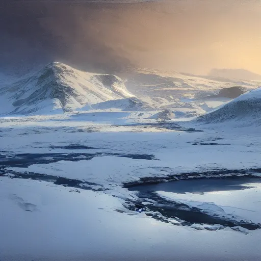 Prompt: winter lanscape, cole, artic wastland, icy tundra, snowy, dark lighting, craig mullins