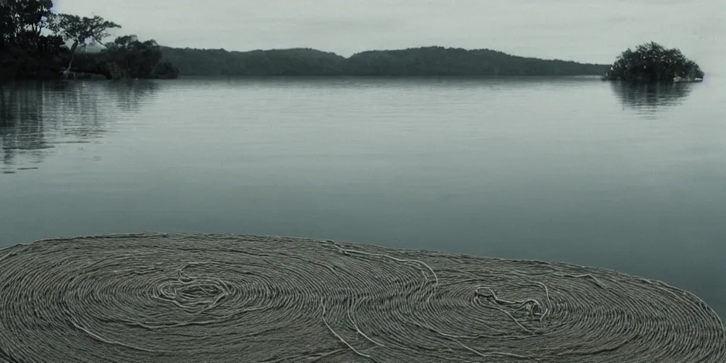 Prompt: centered photograph of a single line of long rope zig zagging snaking across the surface of the water into the distance, floating submerged rope stretching out towards the center of the lake, a dark lake on a cloudy day, color film, beach foreground and trees in the background, hyper - detailed photo, anamorphic lens