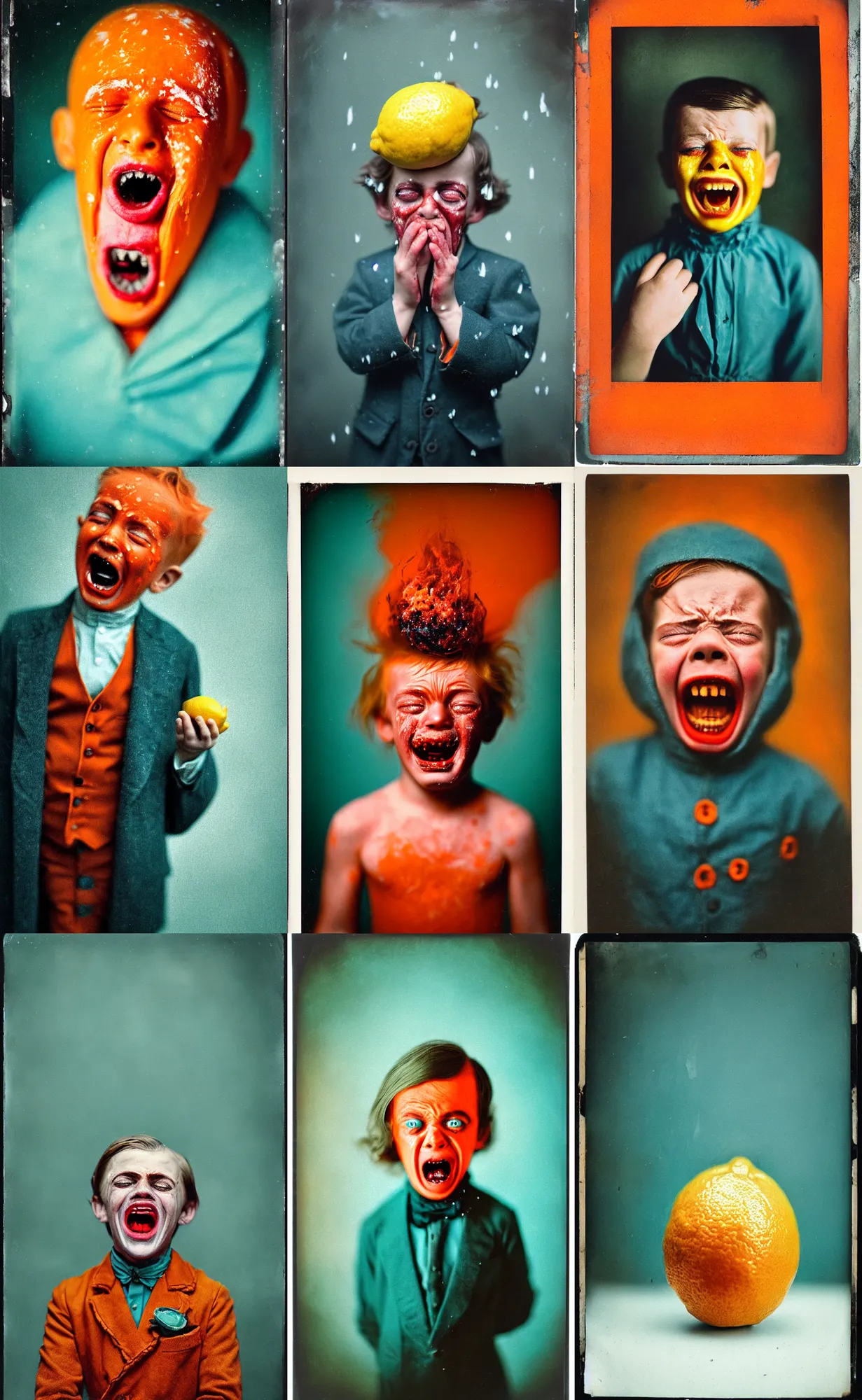 Image similar to kodak portra 4 0 0, wetplate, 8 k, shot of a highly detailed, britt marling style, colour still - life portrait of a lemon looks like a handsome screaming 8 year old crying boy in a dangerous snow hell fire storm, dracula teeth, 1 9 2 0 s cloth, 1 9 2 0 s hair, teal and orange, muted coloures