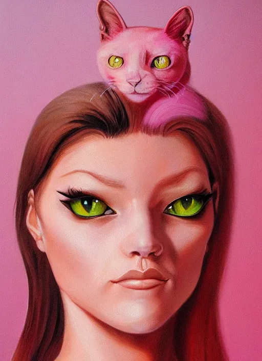 Prompt: a portrait of a pink cat hybrid woman wearing clothes, art by boris vallejo and greg danton and denys tsiperko, detailed, hyperrealism, artstation