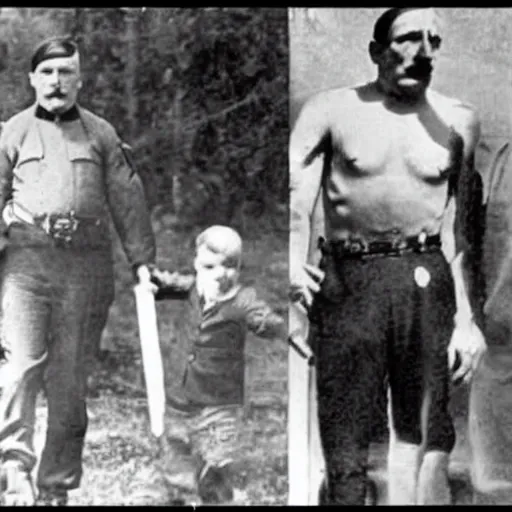 Image similar to adolf hitler as a muscular father of little mandrake, realistic,