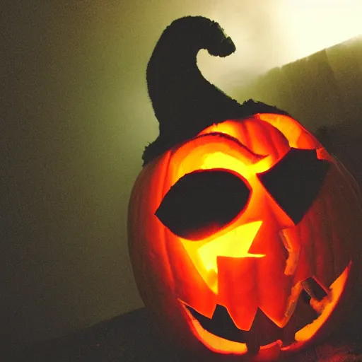 Image similar to pumpkin headed man with smokey glowing red eyes.