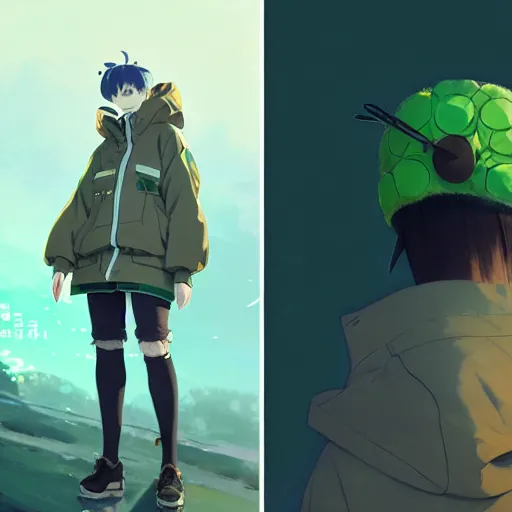 Image similar to concept art of a big puffer jacket with caterpillar patterns, green swallowtail caterpillar inspired japanese street fashion, gapmoe yandere grimdark, trending on pixiv fanbox, painted by greg rutkowski makoto shinkai takashi takeuchi studio ghibli, akihiko yoshida