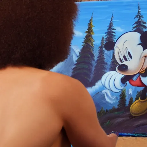 Image similar to a closeup photorealistic photograph of bob ross working on a canvas painting of mickey mouse. film still. brightly lit scene. mountains and trees. this 4 k hd image is trending on artstation, featured on behance, well - rendered, extra crisp, features intricate detail, epic composition and the style of unreal engine.