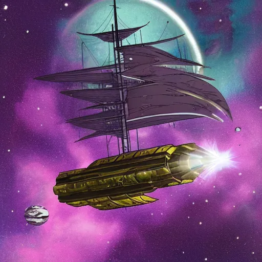 Prompt: spelljammer ship floating in space, purple