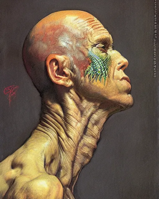 Image similar to upper body and head portrait of lizard man, by norman rockwell, roberto ferri, daniel gerhartz, edd cartier, jack kirby, howard v brown, ruan jia, tom lovell, frank r paul, jacob collins, dean cornwell, 5 0 s pulp scifi fantasy illustration