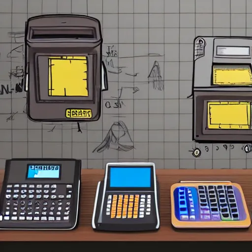 Prompt: cash register with a calculator on the right and a notepad on the left, 3 d art, 2 d art, 2 d realistic