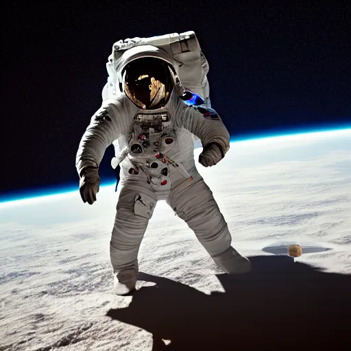 Image similar to photograph of an astronaut against the darkness of space, singular light source from below, full body photo, amazing light and shadow contrast, 8 k