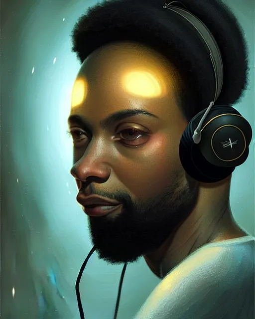 Image similar to light skin black man with headphones at his home studio producing music late at night, very detailed, 4 k, concept art like ernest khalimov, intricate details, highly detailed by greg rutkowski, ilya kuvshinov, gaston bussiere, craig mullins, simon bisley