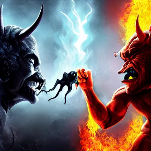 Prompt: the devil and the god, epic fight, iconic battle