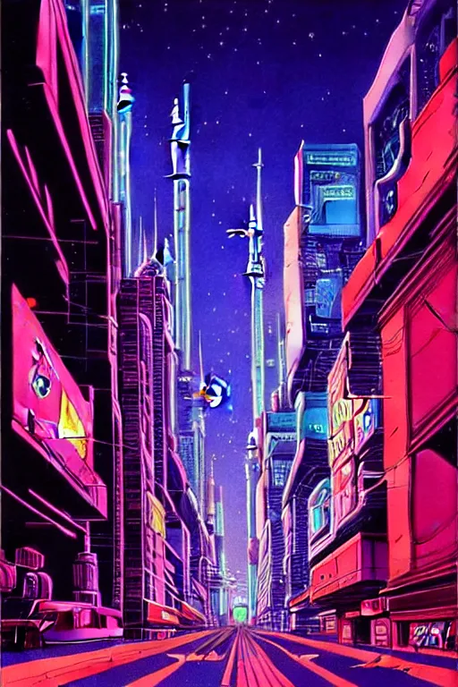 Prompt: astronaut cyberpunk surreal upside down city neon lights by moebius, Jean Giraud, trending on artstation