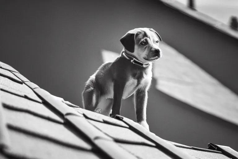 Image similar to a dramatic photo of a puppy standing at the edge of a roof