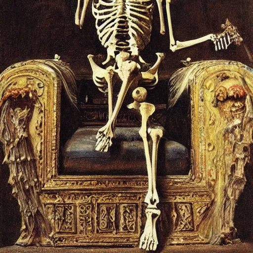 Image similar to a skeleton king, sitting on a throne, elegant, painted by Gustave Moreau