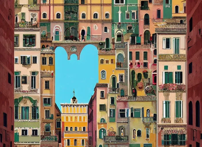 Image similar to symmetry!! italian city, a beautiful painting representative of the art style of wes anderson and spike jonze