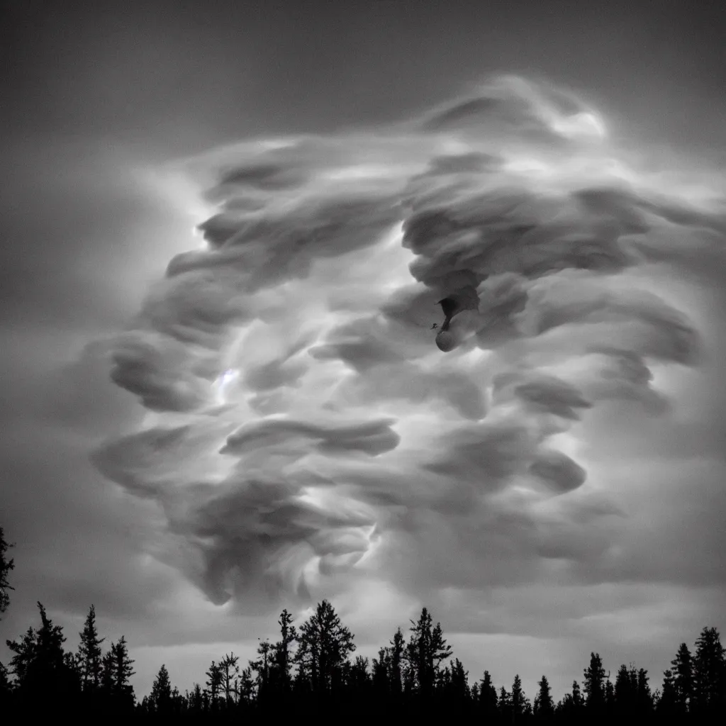 Prompt: an electric storm cloud shaped as a screaming human face floating above dark spruce forest, black metal aesthetics, dark atmosphere, black and white photo