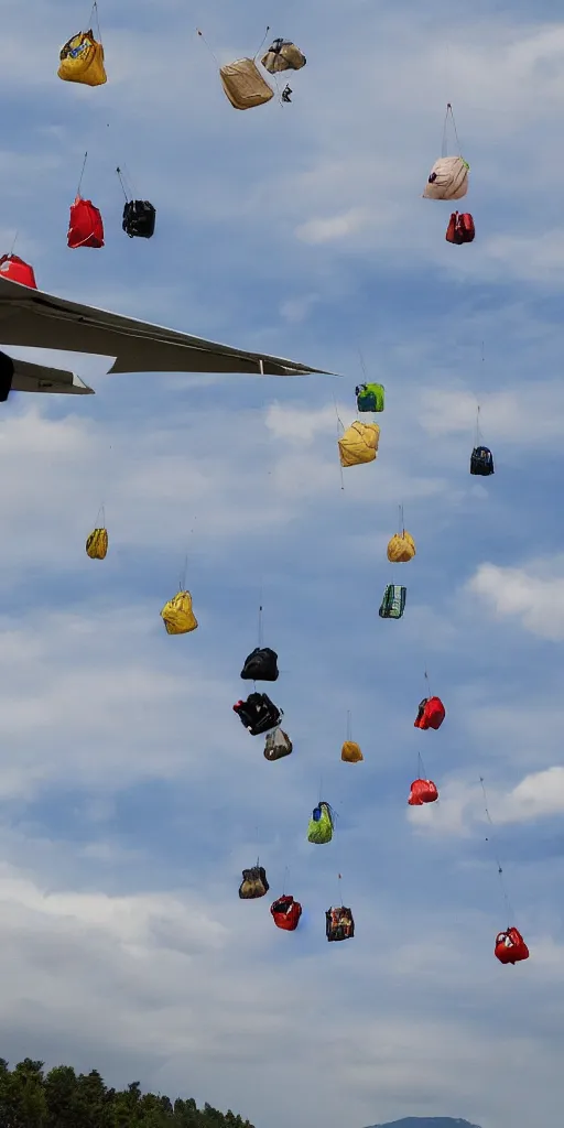 Prompt: bags dropping down at rapid speed through the sky