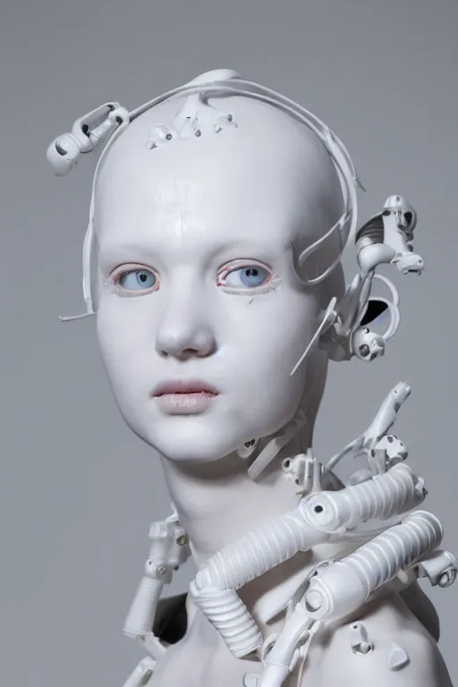 Image similar to full head and shoulders, beautiful female porcelain sculpture with lots of white 3 d cyborg elements, prosthetics, 3 d goggles, smooth, all white features on a white background, delicate facial features, white eyes, white lashes, detailed white, anatomical, transparency by daniel arsham and james jean