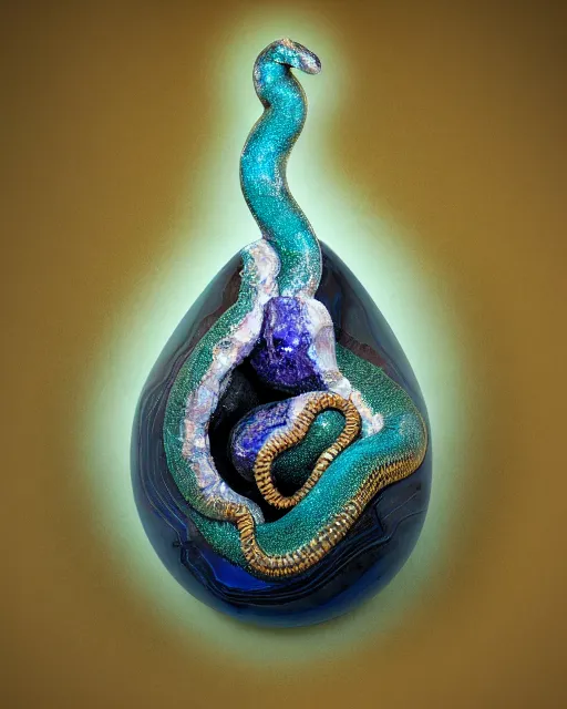 Image similar to a photo of a sculpture of a snake made from blue and emerald and amethyst crystal geode formations encircling a marble egg on a base of obsidian made with liquid gold tendrils flowing by ellen jewett by stanisław szukalski, octane render, recursive, tendrils, elestial crystals, geode, refracted light