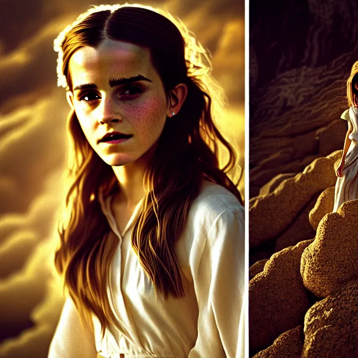 Image similar to Kodak Portra 400, 8K, soft light, volumetric lighting, highly detailed, Rena Nounen style 3/4 ,portrait photo of Emma Watson as Hermione Granger by WLOP, the face emerges from a lava flowing gold travertine terraces with lotus flowers, inspired by Ophelia paint , a beautiful luxurious fully clothed, hair is intricate with highly detailed realistic beautiful flowers , Realistic, Refined, Highly Detailed, ethereal lighting colors scheme, outdoor fine art photography, Hyper realistic, photo realistic, masterpiece