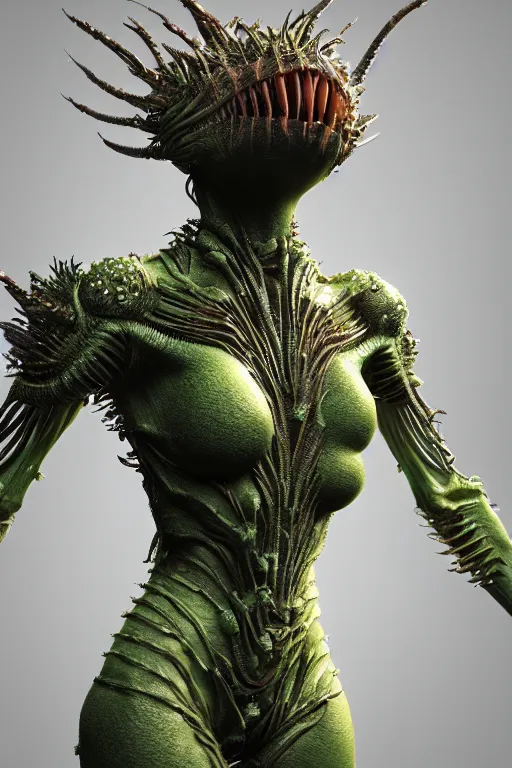 Image similar to skin concept costume, in full growth, biopunk, plant predator, predator, trypophobia, plants and worms, many details, crystals, guyver style, 3 d, cinematic, hyper realism, high detail, octane render, art by hans giger