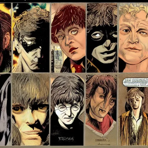 Prompt: in one frame Harry Potter with Sandman in The Sandman comic, beautiful faces, by Neil Gaiman, by Dave McKean, comics Sandman, small details, clear faces, high detail