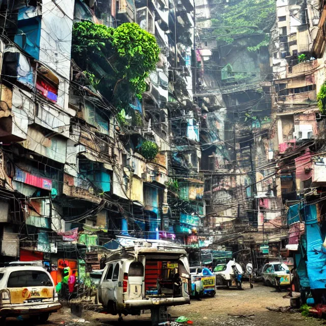 Image similar to streets of mumbai, 2 0 7 0, cyberpunk, mossy buildings, high fidelity, uncompressed png, indian caravans