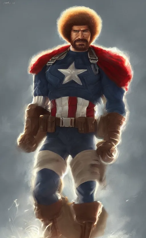 Image similar to bob ross as captain america, dynamic lighting, cinematic, ultra detailed, trending on art station, stunning visuals, creative, fantasy concept art