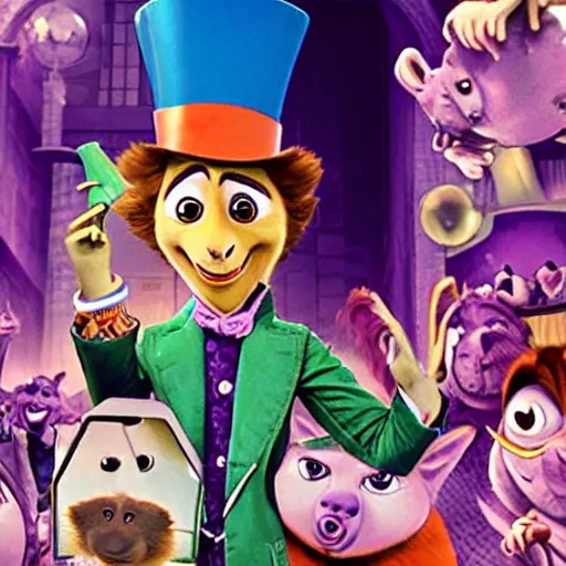 Image similar to willy wonka and the chocolate factory, animated in the style of zootopia