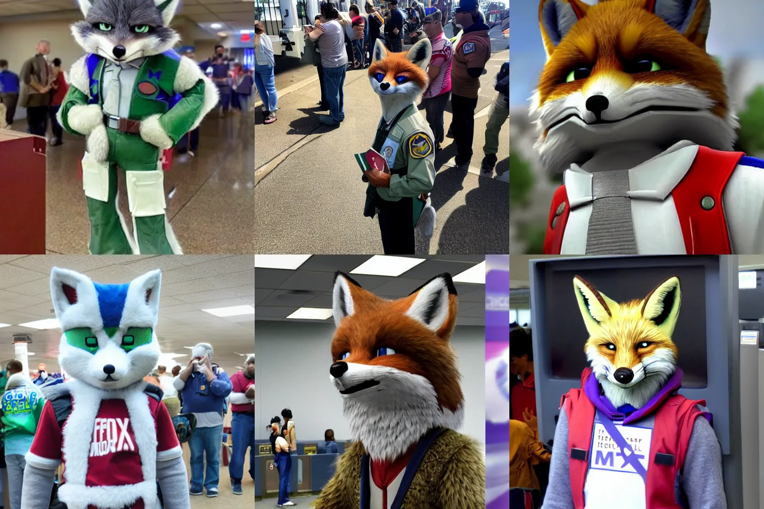 Prompt: Fox McCloud from Star Fox standing in line at DMV, photograph