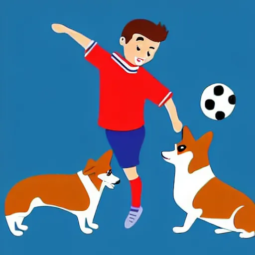 Image similar to illustration of french boy in paris playing football against a corgi who is wearing a polka dot scarf