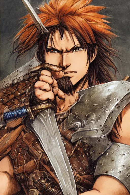 Image similar to A realistic anime portrait of a young handsome male barbarian with long wild hair, intricate fantasy spear, plated armor, vivid colors, colored, D&D, dungeons and dragons, tabletop role playing game, rpg, jrpg, digital painting, by Frank Frazetta and Kentaro Miura, concept art, highly detailed, promotional art, HD, digtial painting, trending on ArtStation, golden ratio, rule of thirds, SFW version