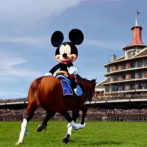 Prompt: establishing shot of Mickey mouse riding a horse in the grand national, hd