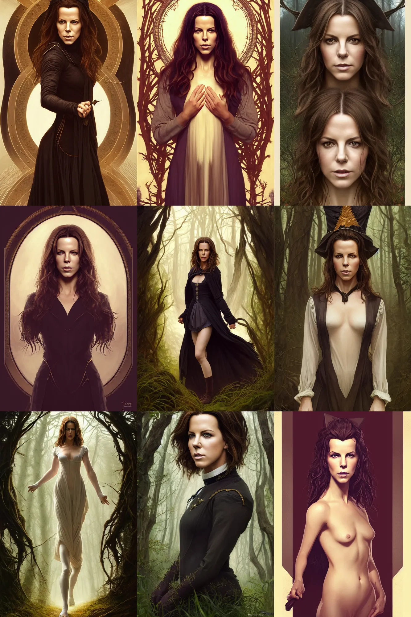 Prompt: symmetry portrait of welsh kate beckinsale as witch student in mans tunic, full body, tomboy, short hair, forest, magic, intricate, elegant, highly detailed, digital painting, artstation, concept art, smooth, sharp focus, illustration, art by artgerm and greg rutkowski and fra angelico and alphons mucha