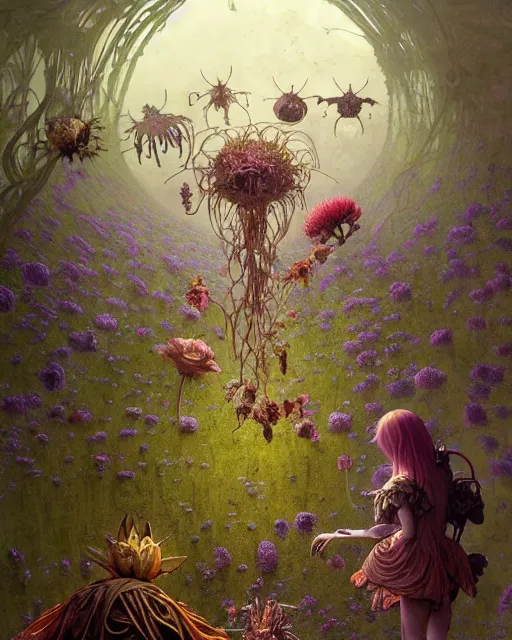 Image similar to the platonic ideal of flowers, rotting, insects and praying of cletus kasady carnage davinci dementor chtulu mandelbulb ponyo alice in wonderland dinotopia watership down, d & d, fantasy, ego death, decay, dmt, psilocybin, concept art by greg rutkowski and simon stalenhag and alphonse mucha