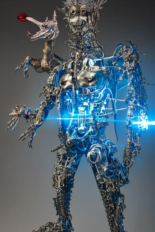 Prompt: full-body medieval and cyberpunk style sculpture of a young aroused hispanic prince that is half android with a hunky mechanical chest with a glowing gem inside, glowing blue seductive laser eyes, crown of silver gears and translucent blue diamonds, swirling red-colored silk fabric, robotic raptor dinosaurs. glass and laser baroque elements. full-length view. intricate artwork by caravaggio. art by Artgerm and Greg Rutkowski and Alphonse Mucha, Trending on artstation, cinematic industrial lighting, hyper realism, octane render, 8k, depth of field, 3D