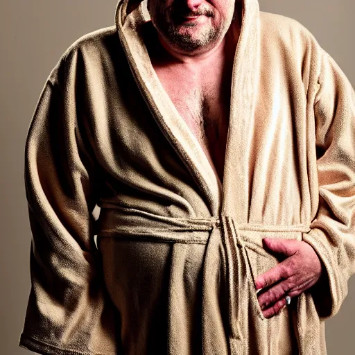 Image similar to richard iv the roman king, excited real human wearing beige bathrobe, soft studio lighting, sigma lens photo, he is dancing and has pregnancy belly