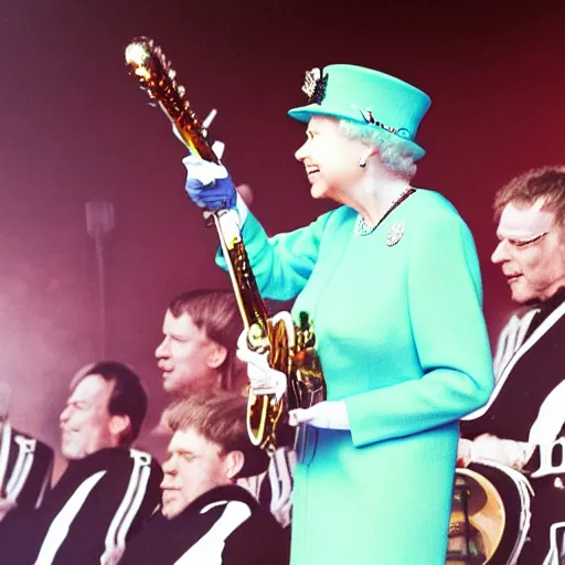 Prompt: photo realistic photo of the queen playing in the band the queen at wembly